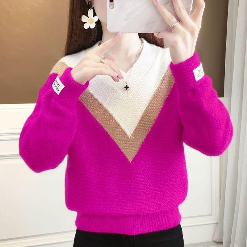 Women Knitted Sweater Autumn and Winter Colorblocking V-Neck Long Sleeve Knit Sweater Thickened Knit Jumper