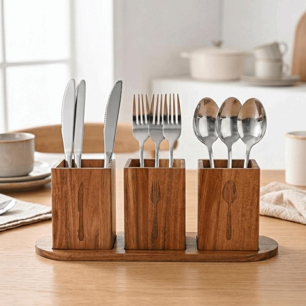 Space Saving 3 Compartment Cutlery Holder Wooden Flatware Organizer Farmhouse