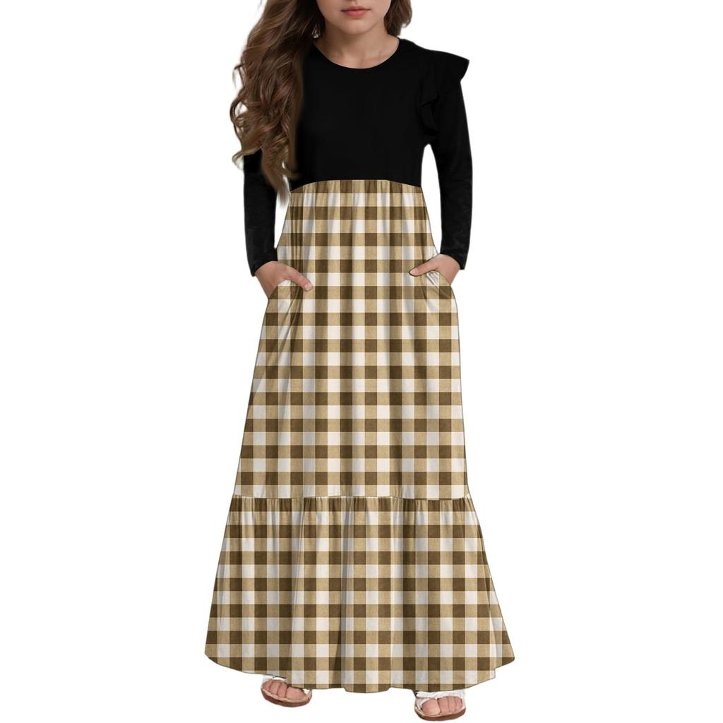 Mädchen Stufenkleid mit Rüschen - Langärmeliges bedrucktes Maxi mit Taschen