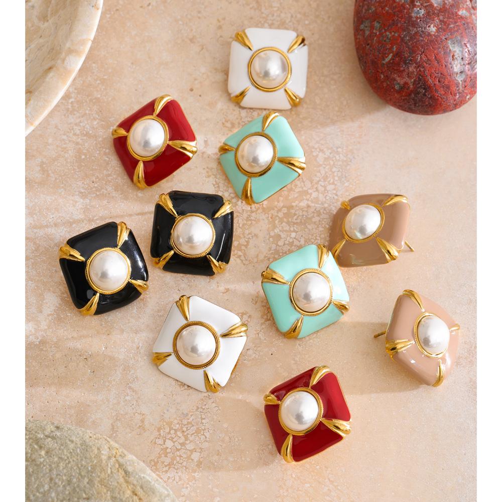 Yhpup Multi-Color Enamel Simulated Pearls Square Stud Earrings Stainless Steel Daily Wear Fashion Spring Jewelry Waterproof Gift