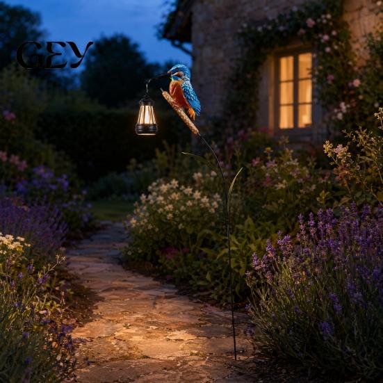 Outdoor Decorative Lanterns Solar Kingfisher Garden Stake Light, Metal Bird Yard Art with Hanging Lantern, Auto-On Automatic Dusk to Dawn Lights