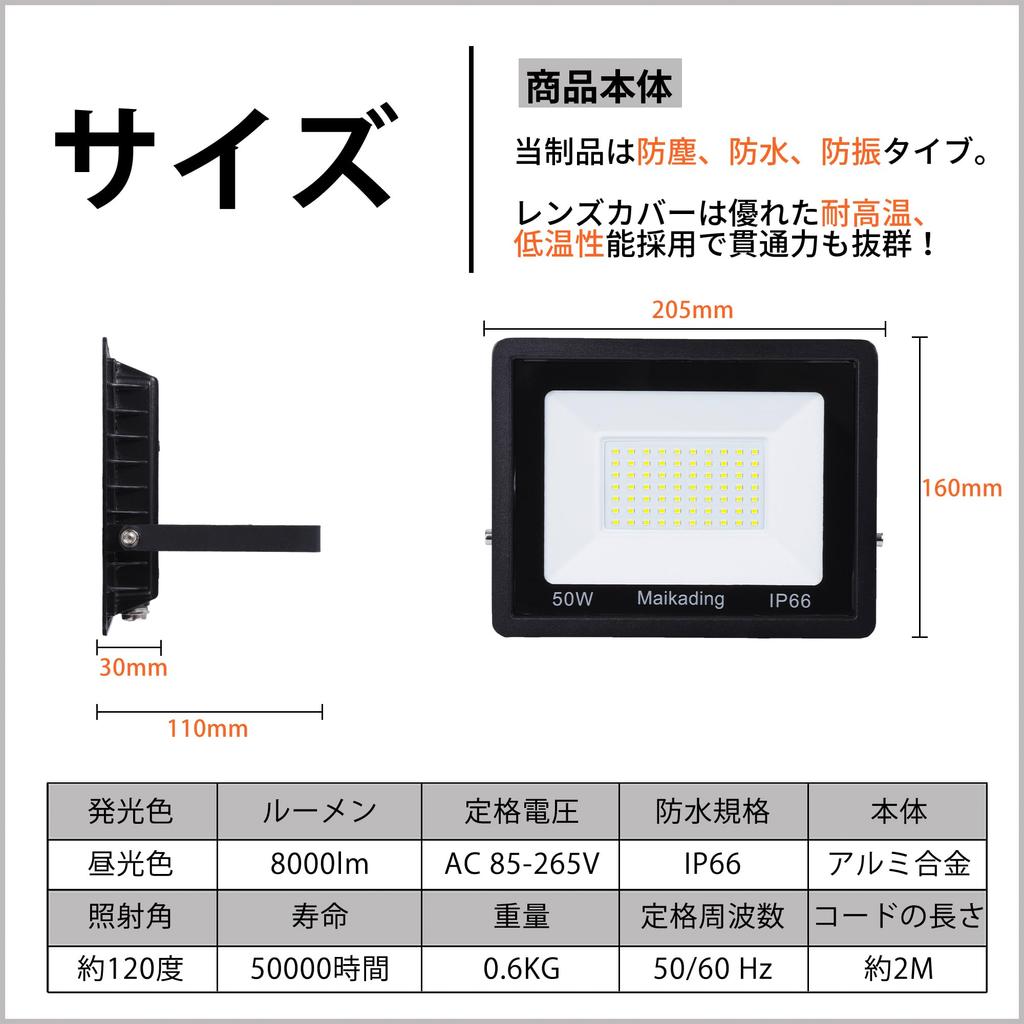 Maikading Светодиодный прожектор 50 Вт Рабочий свет эквивалент 850 Вт 8000 лм Тонкий 2-метровый шнур Вилка Совместимый с PSE Прочный Энергосберегающий Складское освещение Безопасность