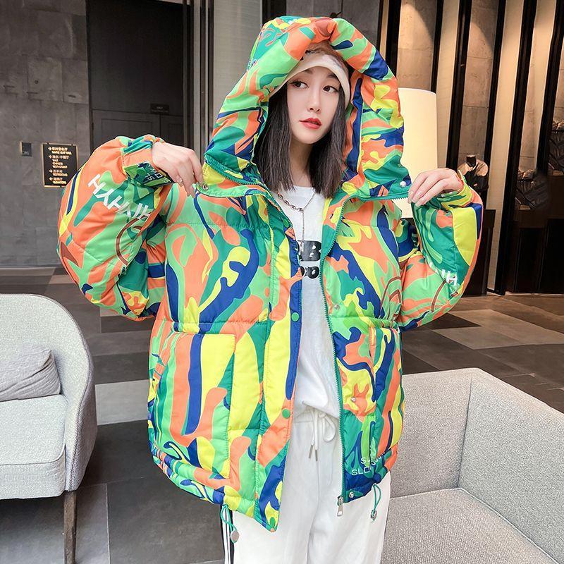 Зимняя женская куртка-пуховик с принтом граффити, модная толстая короткая парка с капюшоном, шикарная свободная уличная верхняя одежда