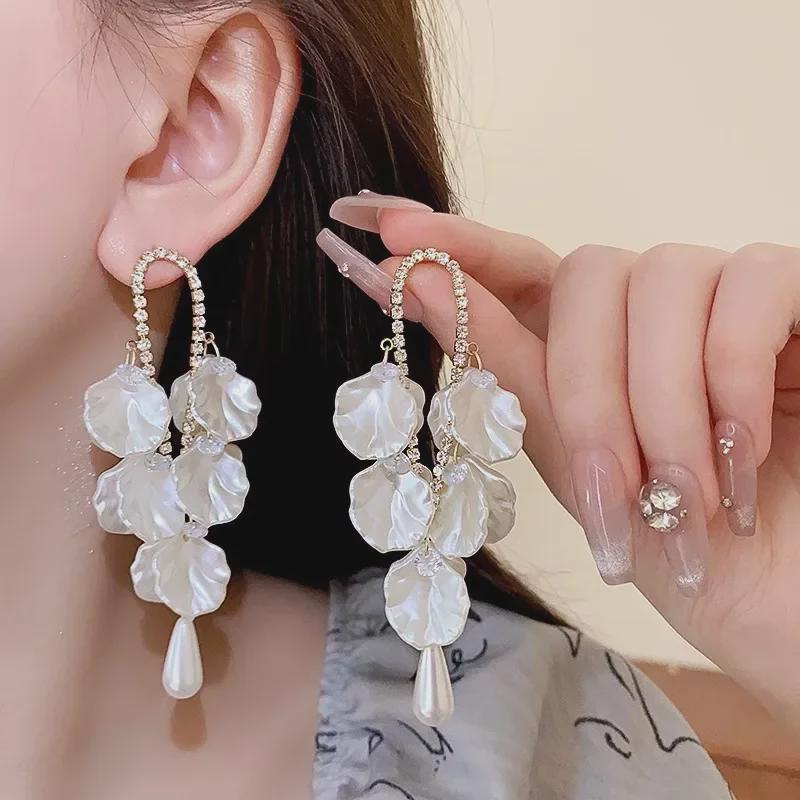Silver Needle Pearl Flower Long Tassel Luxury Earrings