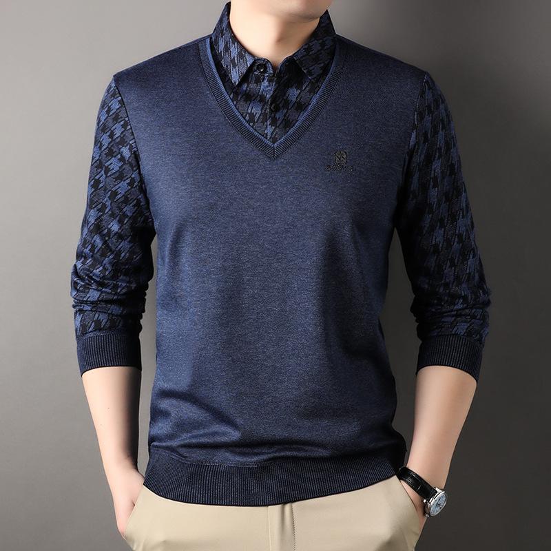 Autumn V-neck Fake Two Men's Long-sleeved Knitted Middle-aged Business Base Shirt Lapel Men's Wear