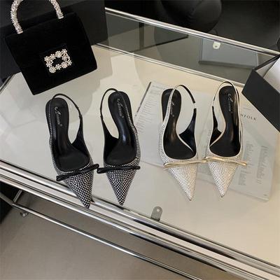 Весна 2025 г. Женские босоножки-шпильки со стразами и бантом в стиле феи с острым носком