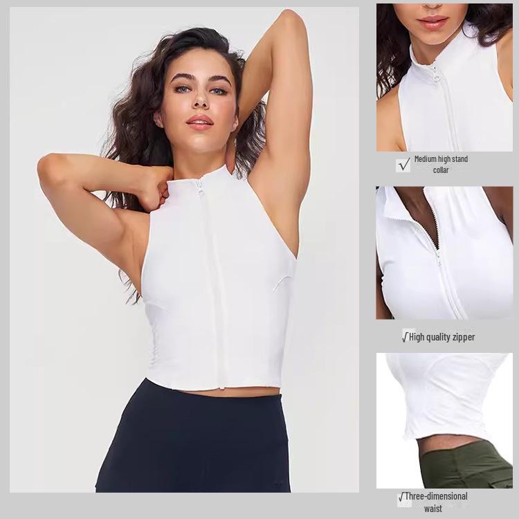 Женский жилет для йоги без рукавов на молнии в европейском и американском стиле — модный воротник-стойка для бега, фитнеса, танцев и других видов спорта.