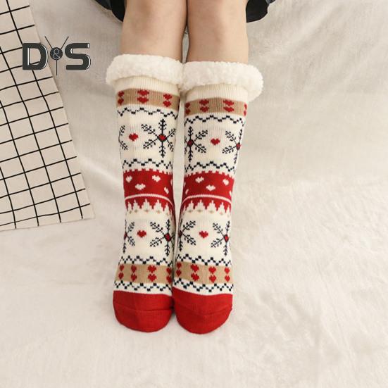 1 Pair Winter Floor Socks Thickened Fuzzy Plush Warmth Retention Christmas Elk Snowflake Print Leg Warmer Silicone Bottom Fall Winter Floor Socks