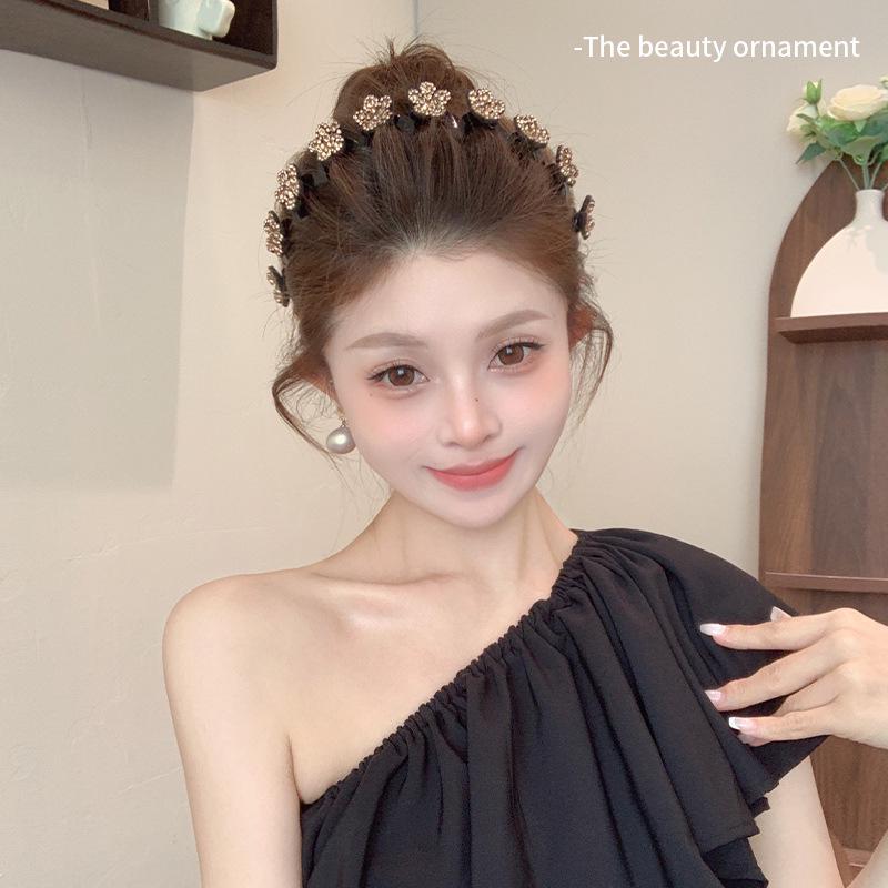 Korean Rhinestone Floral Wave Headband: Women's Frizz Control, High Skull Top, Wash Face Clip, Hair Tie