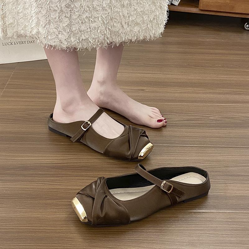 Металлические квадратные носки на плоском каблуке, полушлепанцы с закрытой пяткой, женские, весна-лето 2025, новые, на мягкой подошве, обувь Мэри Джейн, туфли