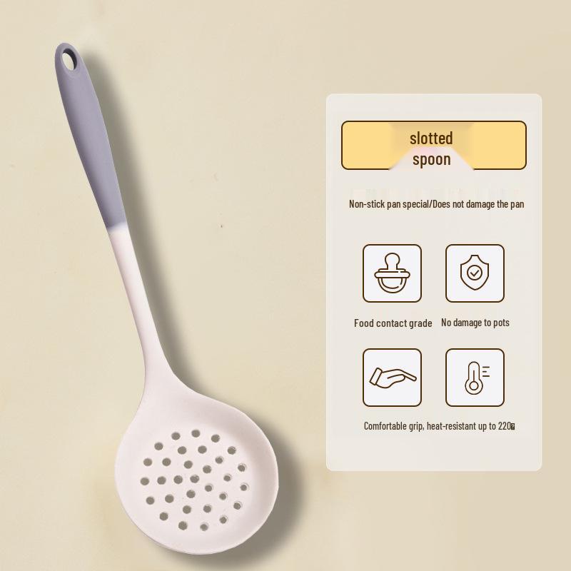 Серый и белый силиконовый набор кухонной утвари: Жаростойкий, антипригарный скиммер, лопатка и суповая ложка