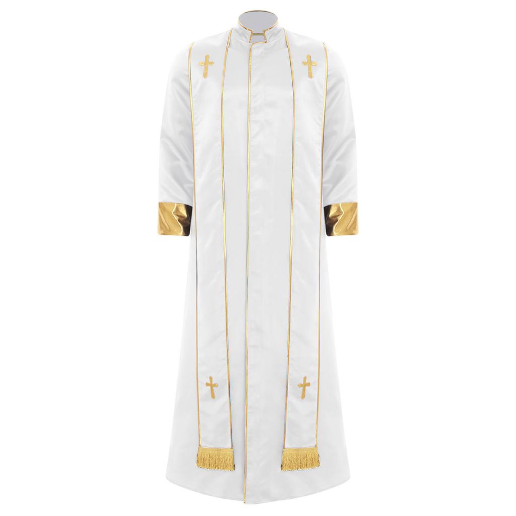 Мужской костюм священника мантия стойка воротник длинный рукав молния спереди золотой крест ряса облачения католический Хэллоуин косплей