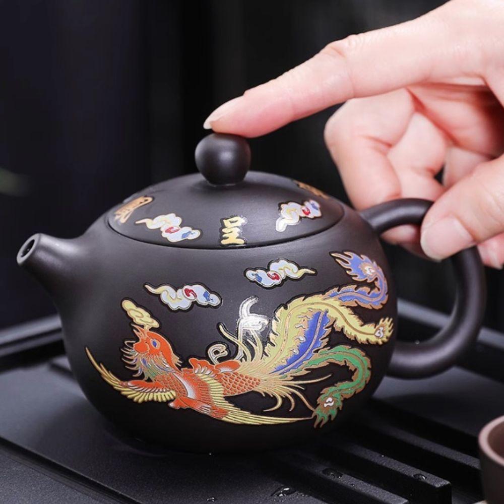 Hand-made Changes Color Purple Clay Teapot Dragons Phoenixs Pattern Tea Infuser  Living Room