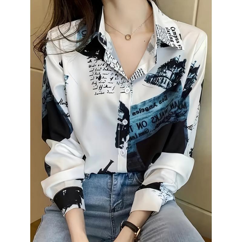 Spring/Autumn Casual Long-Sleeve Lapel Button-Up Shirt with Letter Print for Women