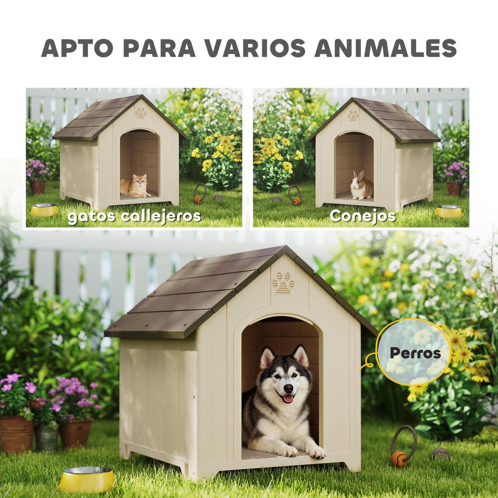 Outdoor Plastic Dog Kennel, Extra Large, 2 Windows, Elevated Base, Stakes, Beige