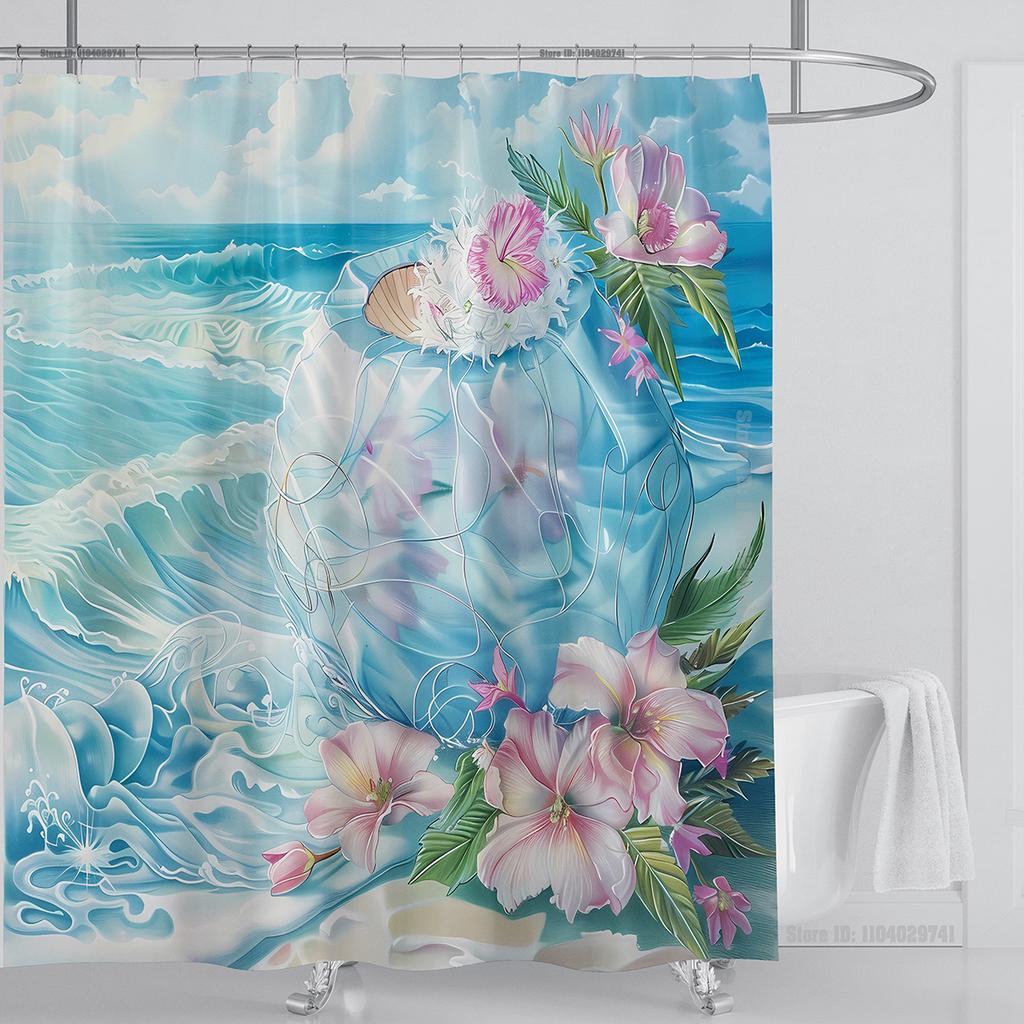 Ocean Wave Scenery Shower Curtain Waterproof Shower Curtain Polyester Fabric 3D Printed Curtain Bathroom Decoration With Hooks