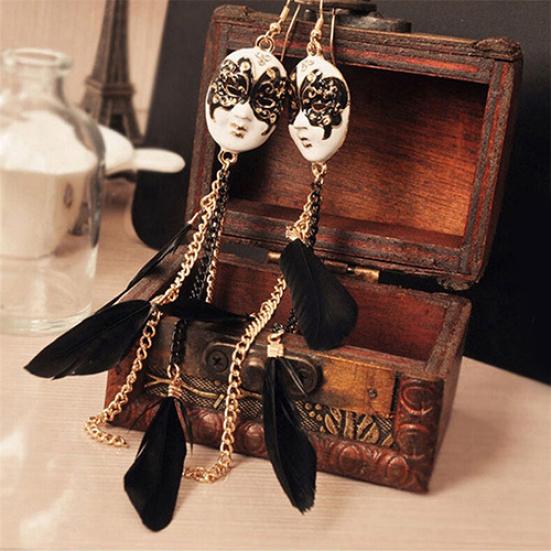 Women's Chain Feather Bohemia Earrings Mask Tassel Chain Long Drop Earring