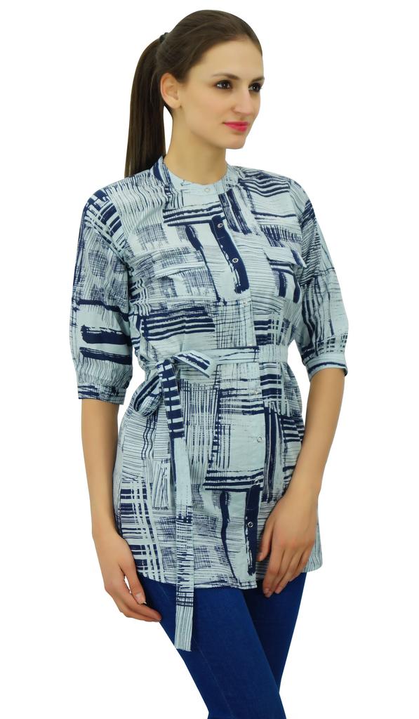 Bimba Indian Grey Tunic Top Cotton Printed Mandarin Collar Neck 3 4 Sleeve Blouse Casual