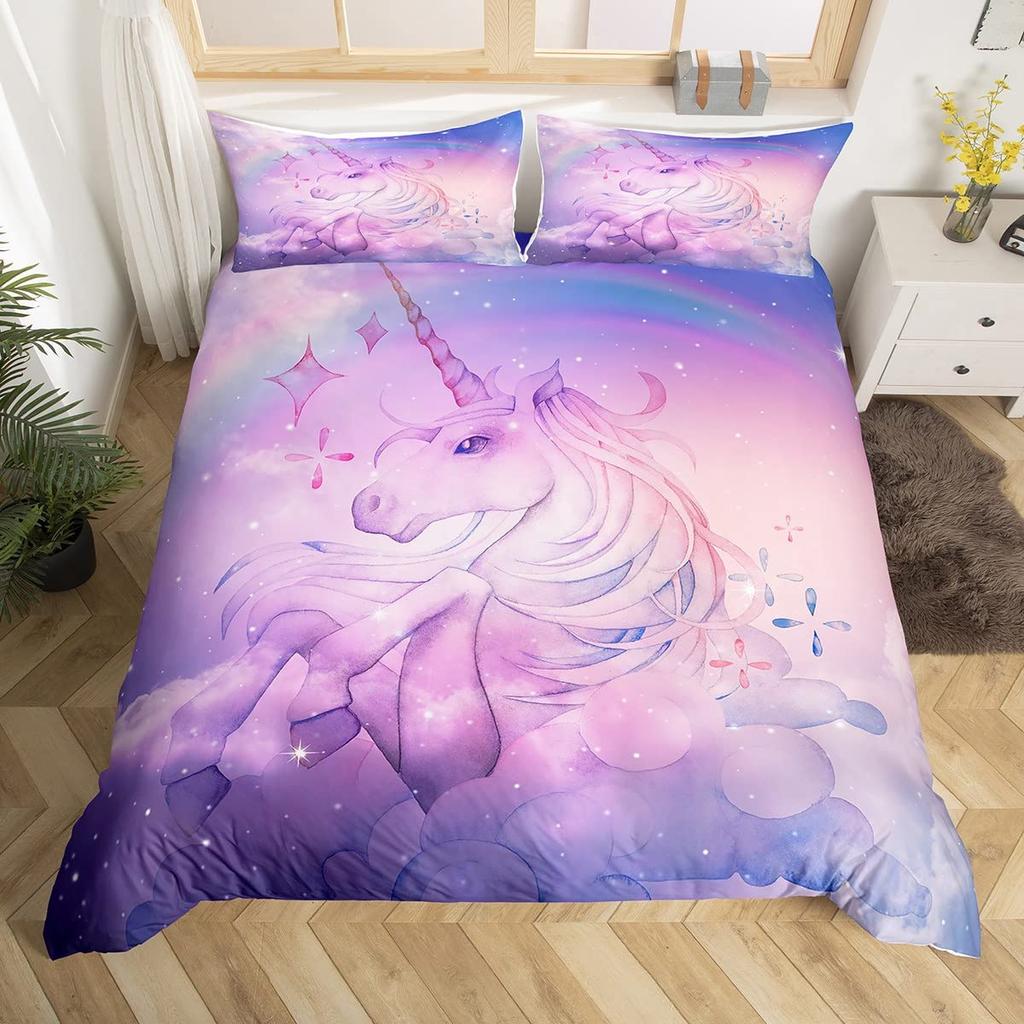 Unicorn Duvet Cover Set Cartoon Galaxy Rainbow Colourful Unicorn Cute Romantic Theme For Kids Girls Polyester Comforter Cover