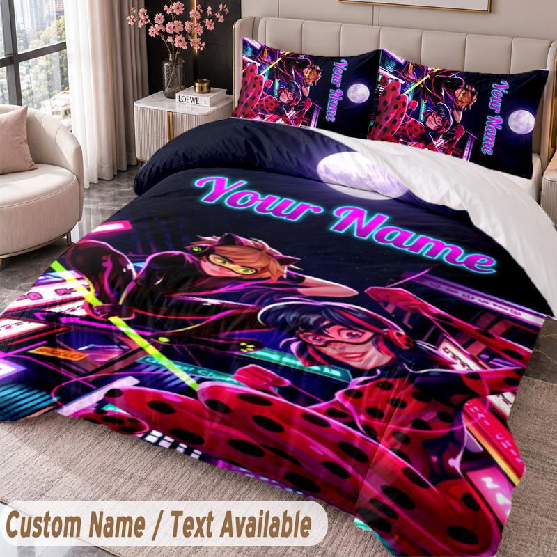 Custom Name Text 3Pcs Bedding Set Miraculous Ladybug Duvet Cover And Two Pillowcases