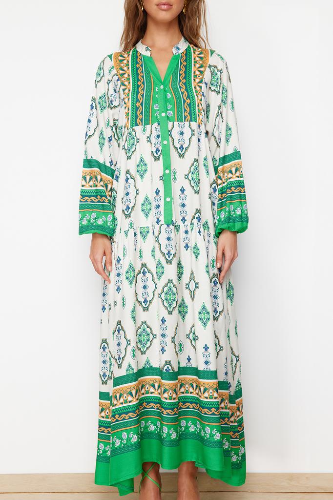 Women's Hijab Dress New Season Fashion Blue Floral Patterned Woven Viscose Dress