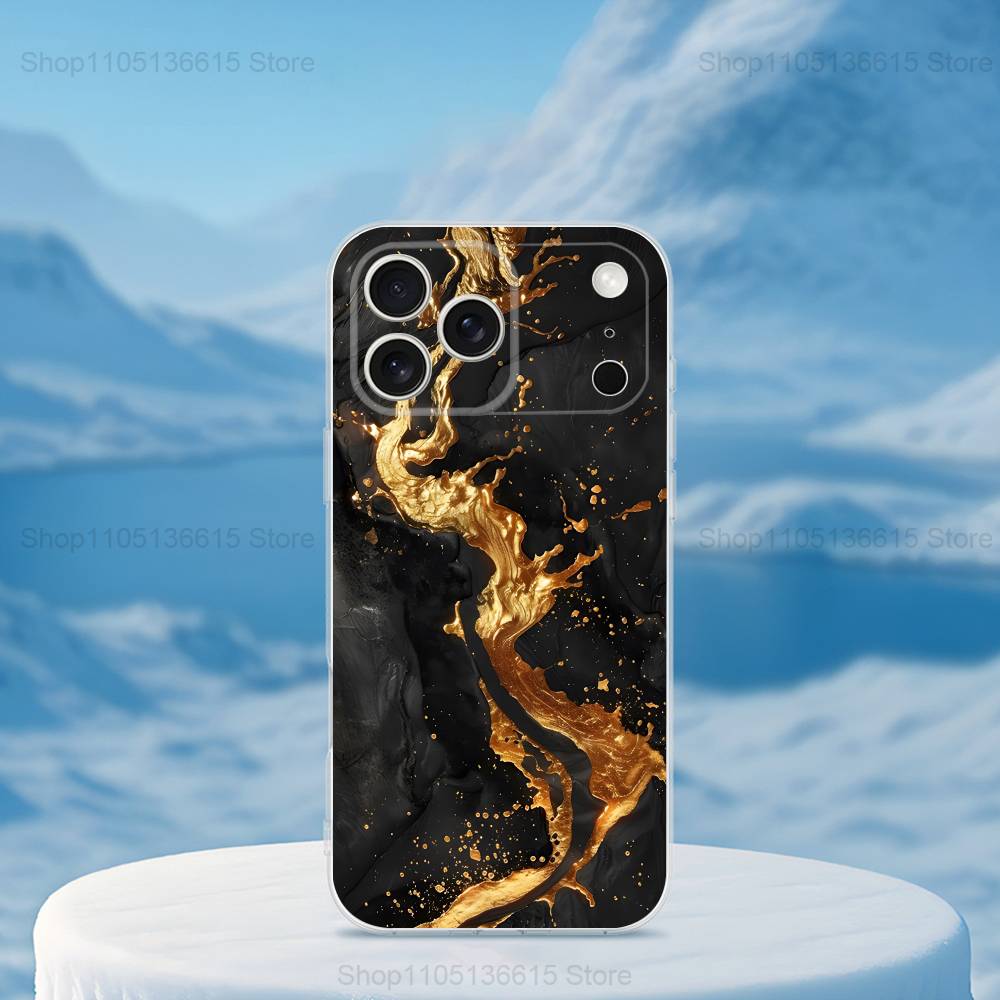 Мраморный арт Черно-золотой чехол для телефона для iPhone 16,15,14,13,12,11,17 Pro,Max,Plus,X,XS,XR,SE,Mini Прозрачный мягкий чехол