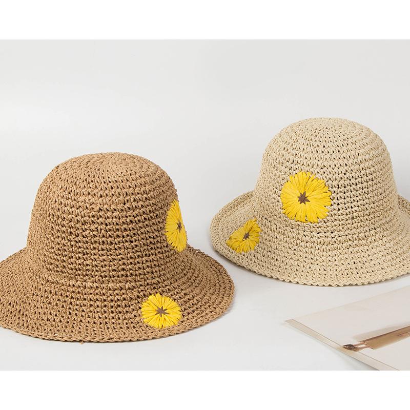 Подсолнух ручной работы крючком летняя соломенная шляпа для отдыха маленькая свежая женская универсальная дорожная соломенная шляпа-ведро