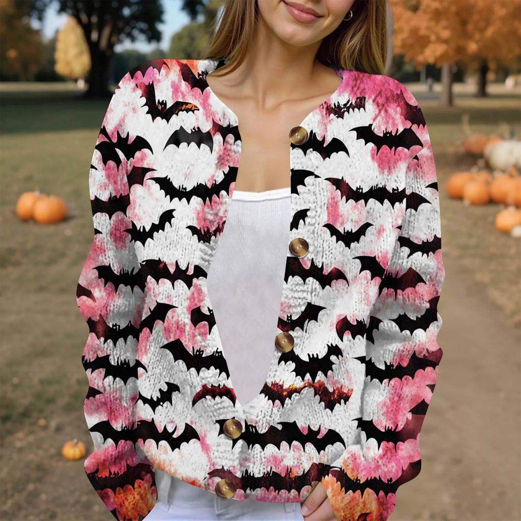 Women's Fashion Printed Long Sleeve Knitted Cardigan Button Down Jacket