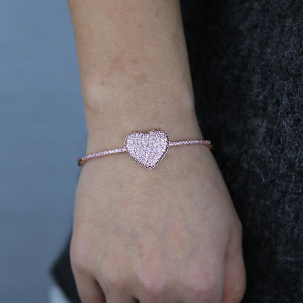 60mm pink Plated Iced Out Bling Women Jewelry Cz Big Heart Charm Women Thin Bangle Bracelet