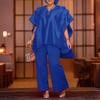2PCS Women Two Picecs Batwing Sleeve High Low Tops and Pants Thin Satin Sets