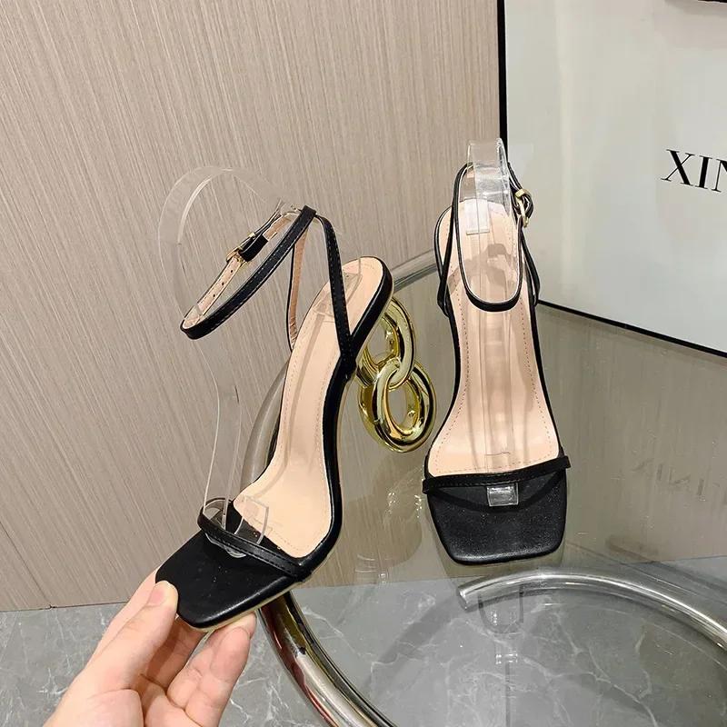 Модные туфли необычного стиля на высоком каблуке 11 см, женские босоножки-гладиаторы, новые туфли-лодочки с квадратным носком и узким ремешком на щиколотке, с пряжкой на пятке, для вечеринок