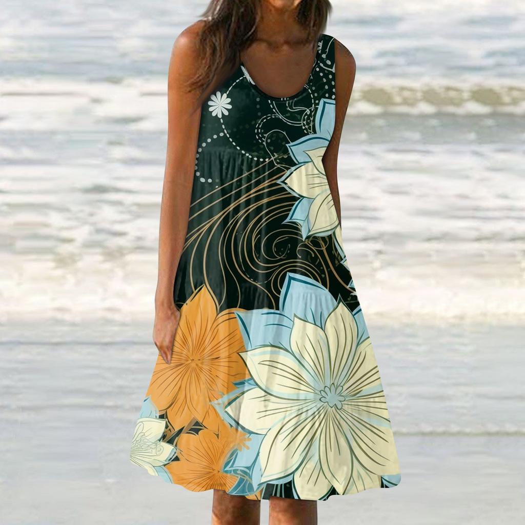 Женские платья-жилеты Лето-весна Плиссированные богемные платья Симпатичные струящиеся пляжные платья без рукавов Прямая футболка Платья-майки Платья с круглым вырезом