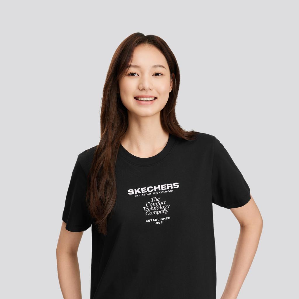 Skechers Удобная свободная дышащая футболка с принтом, коротким рукавом и спущенной линией плеча, женские топы, угольно-черный L225W160-0018