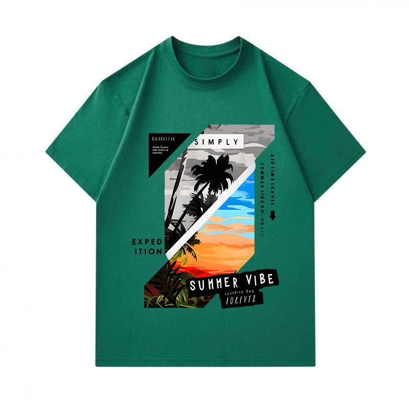 Men's 100% Cotton Crew Neck Short Sleeve T-Shirt, Summer Tropical Palm Tree Sunset Graphic Tees, Casual Expedition Summer Vibe Printed Comfortable Dai