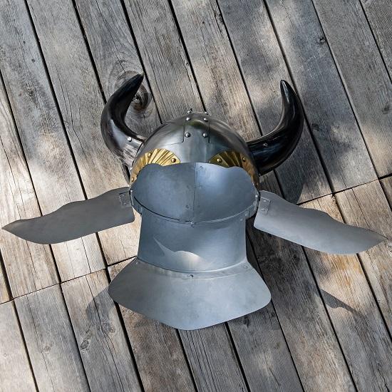 Viking Leader Horned Helmet - Medieval 18 Gauge Steel Unlined Fictional Prop Helmet W/ Real Buffalo Horns