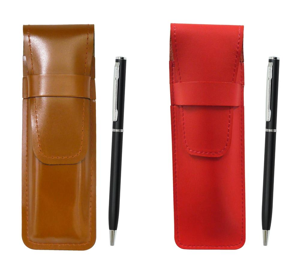 Тонкий пенал из воловьей кожи красно-коричневый набор тонкая шариковая ручка с вращающейся головкой черного цвета ASCR-PD04-B