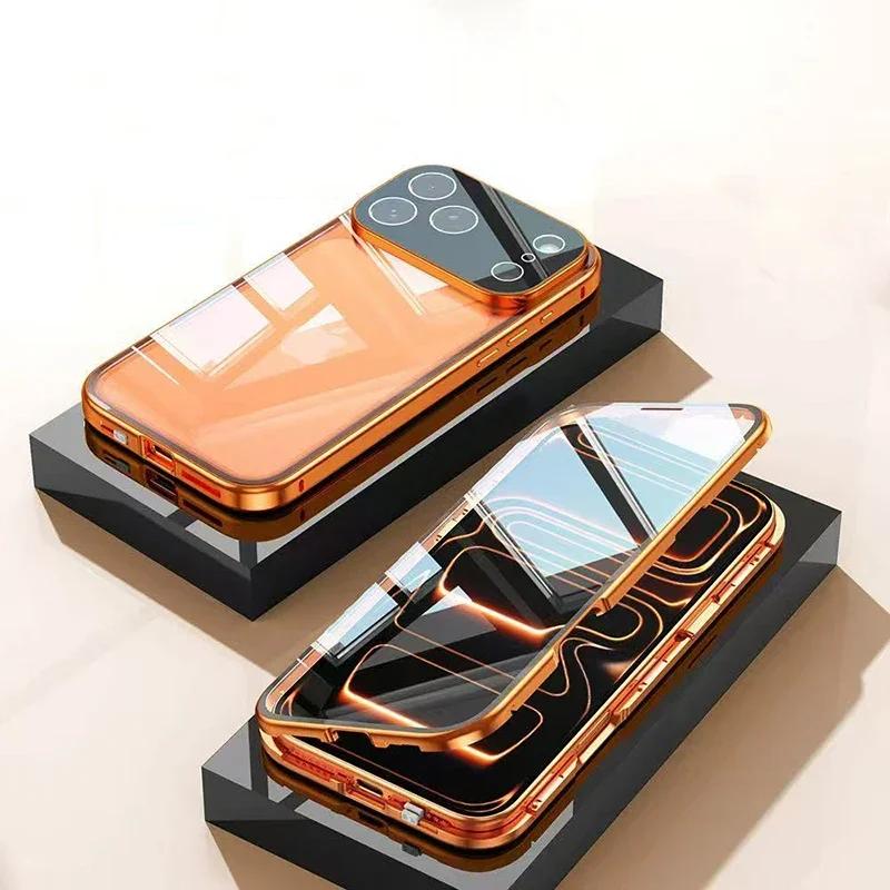 Metal Magnetic Case For iPhone 17 Pro 16 15 14 13 Mini 12 11 Pro Max Plus 16E Lens Protection Double Sided Glass Snap Lock Cover