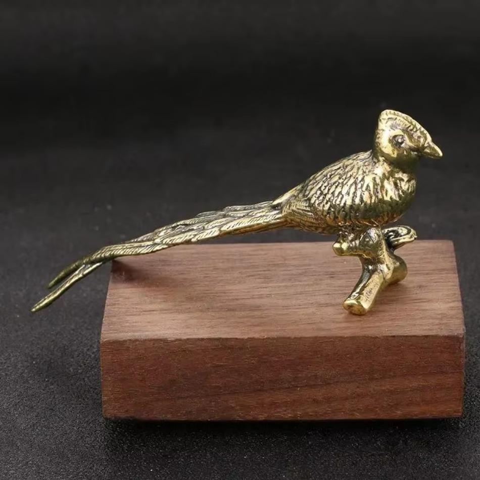 Antique Bronze Crafts Collection Making Old Solid Brass Long Tailed Pheasant Copper Ornaments Desks Tea Pets Brass Decorations