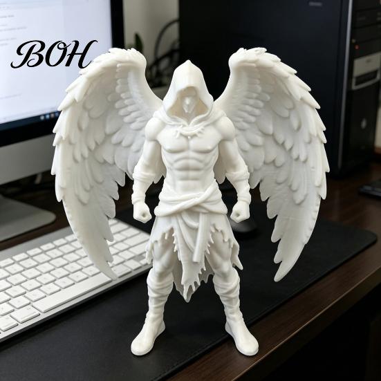 Space-saving Desk Accessory 3D Printed Dark Angel Statue, Gothic Hooded Figurine, Detailed Compact Bookshelf Decor Winged for Home Office, Edgy
