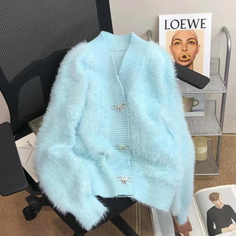 Высококачественное пальто-свитер из розового норкового бархата для женщин, новинка осени и зимы, толстый, свободный, элегантный вязаный кардиган с V-образным вырезом
