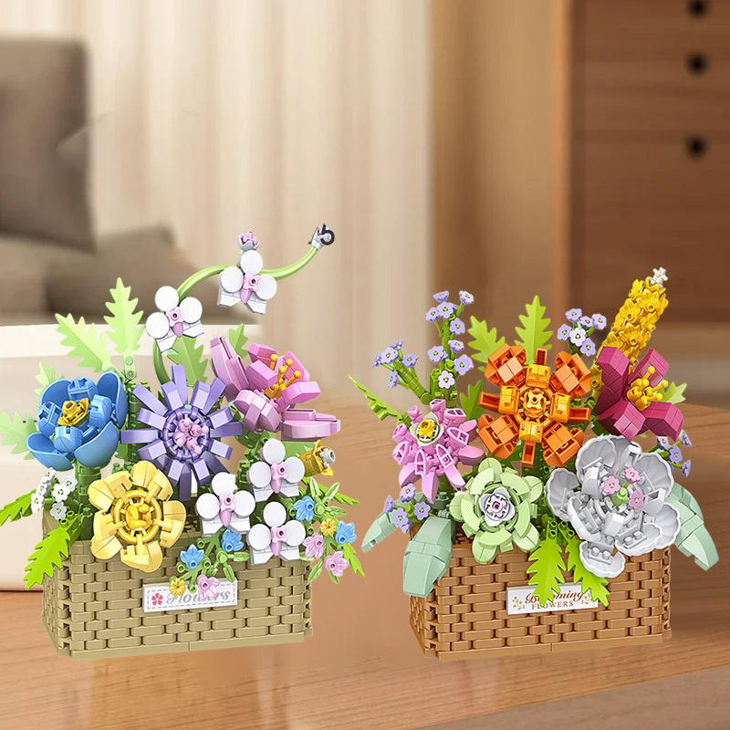 Diy Sunflower Rose Bouquet Potted Plant Creative Flower Basket Assembly Of Building Brick Set Home Decoration Children Gift