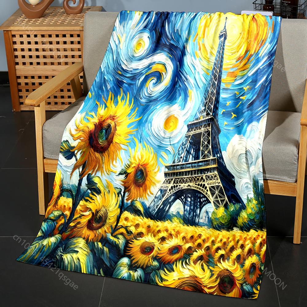 Swirling Sunflowers and Eiffel Tower Pattern Blanket Flannel Material Soft Warm for All Seasons, Home Outdoor Camping Picnics RV