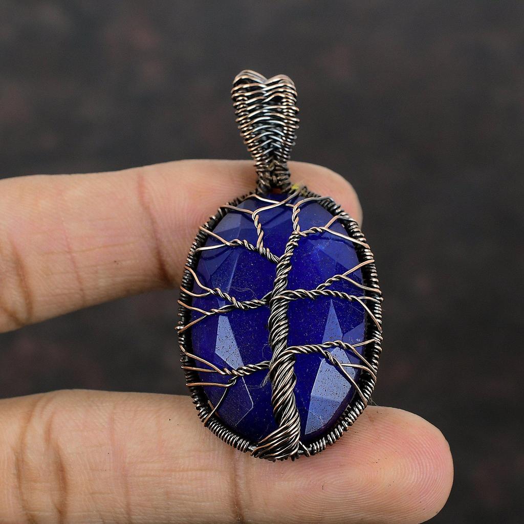 Древо жизни ограненный синий сапфир кулон медная проволока обернутый кулон ручной работы медная проволока обернутый ювелирный камень кулон для подарка