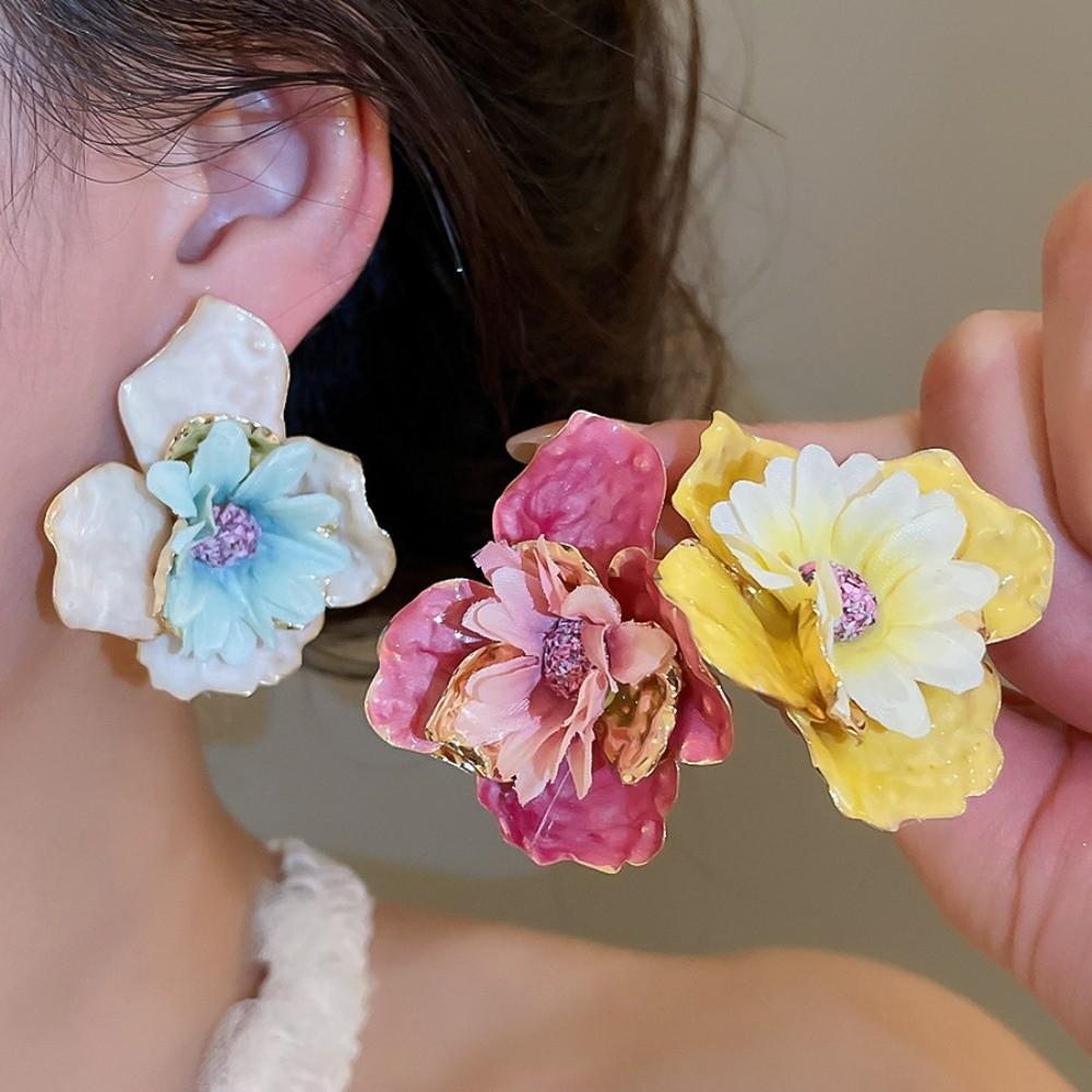 Iron Cloth Colorful Flower Earrings Korean Style Floral Ear Studs Exaggerated Ear Pendant Festival