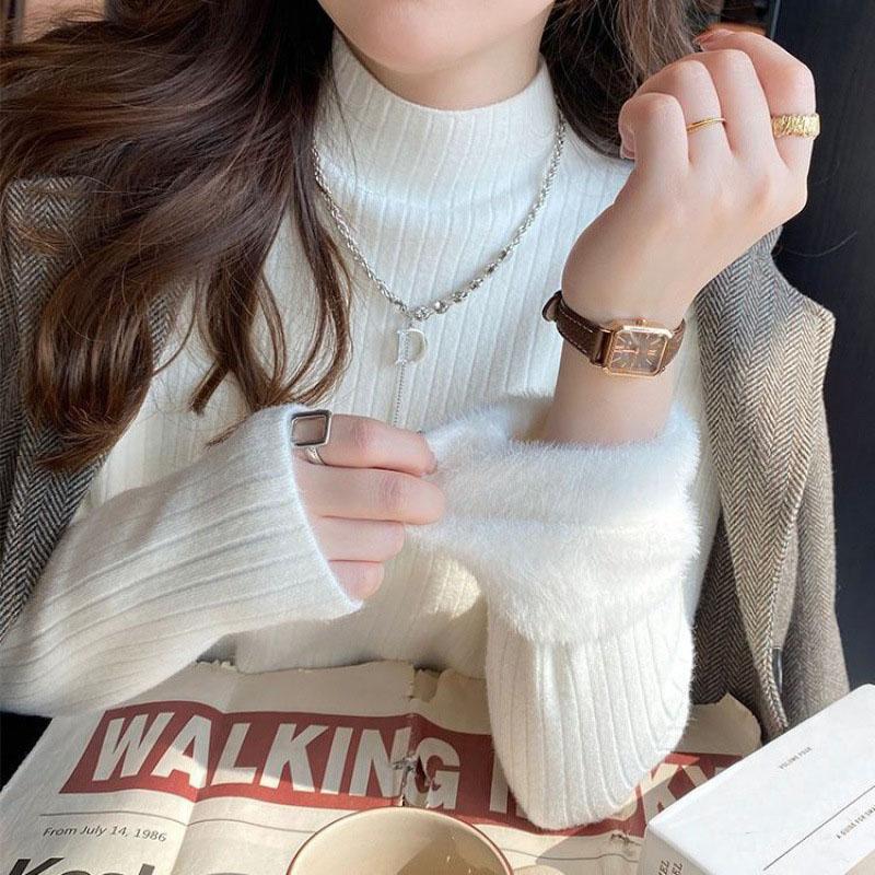 Женская бежевая бархатная вязаная водолазка, женское корейское сексуальное нижнее белье, теплая зимняя одежда, пуловеры, свитер для женщин