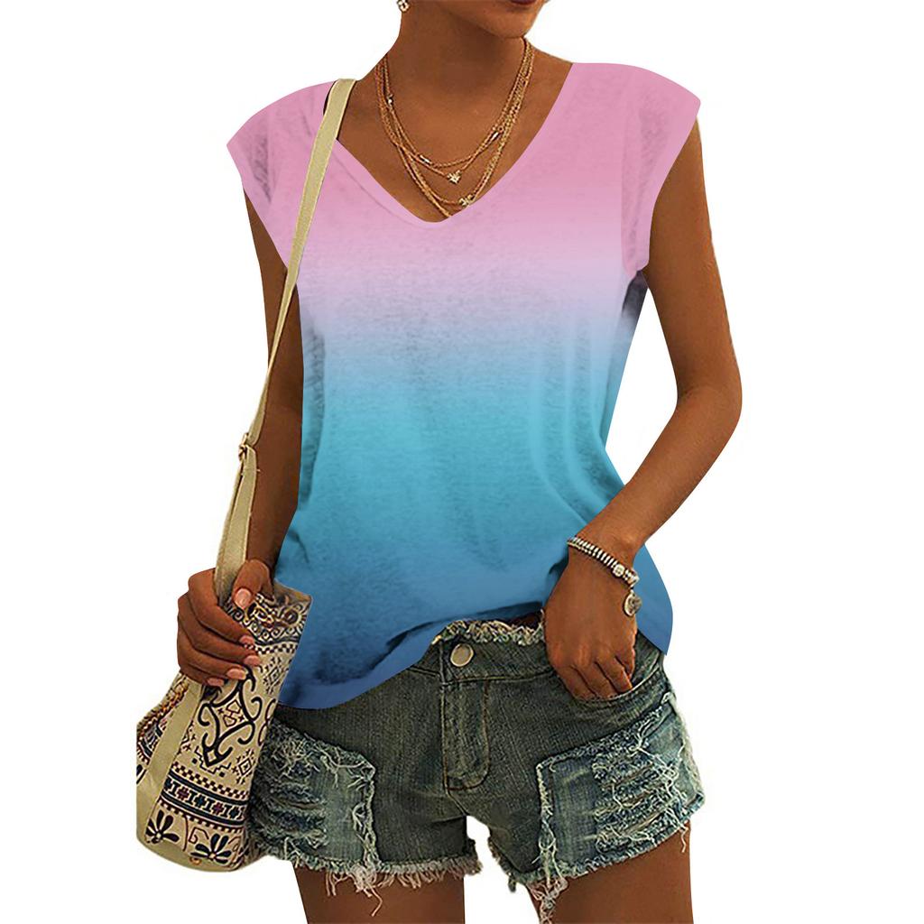 Женские модные повседневные топы с принтом, рубашки без рукавов, пуловеры с V-образным вырезом, футболки
