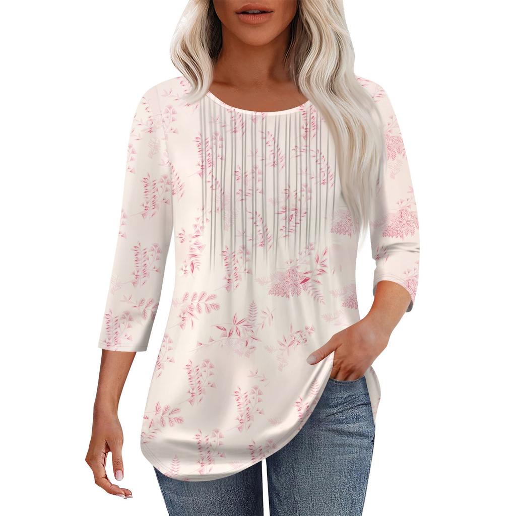 Женская модная повседневная плиссированная футболка с круглым вырезом и рукавами три четверти с повседневным цветочным принтом
