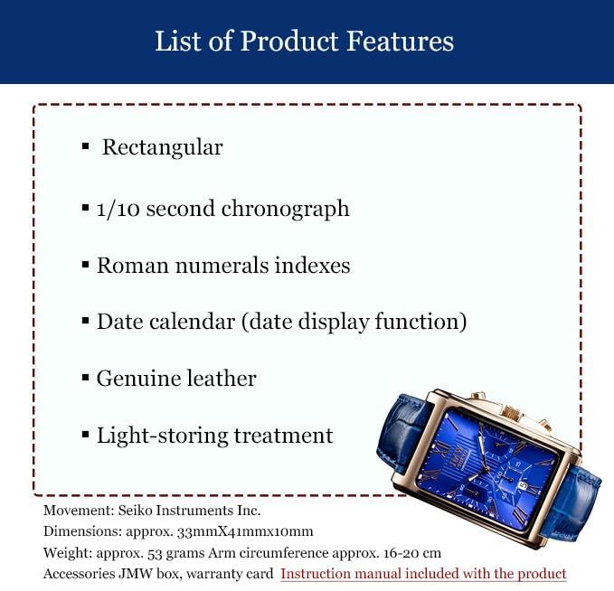 Square Watch Blue Rose Gold Watch Square Rectangular Chronograph Limited Model Seiko Quartz Leather Band Genuine Leather Business Simple Popular Day