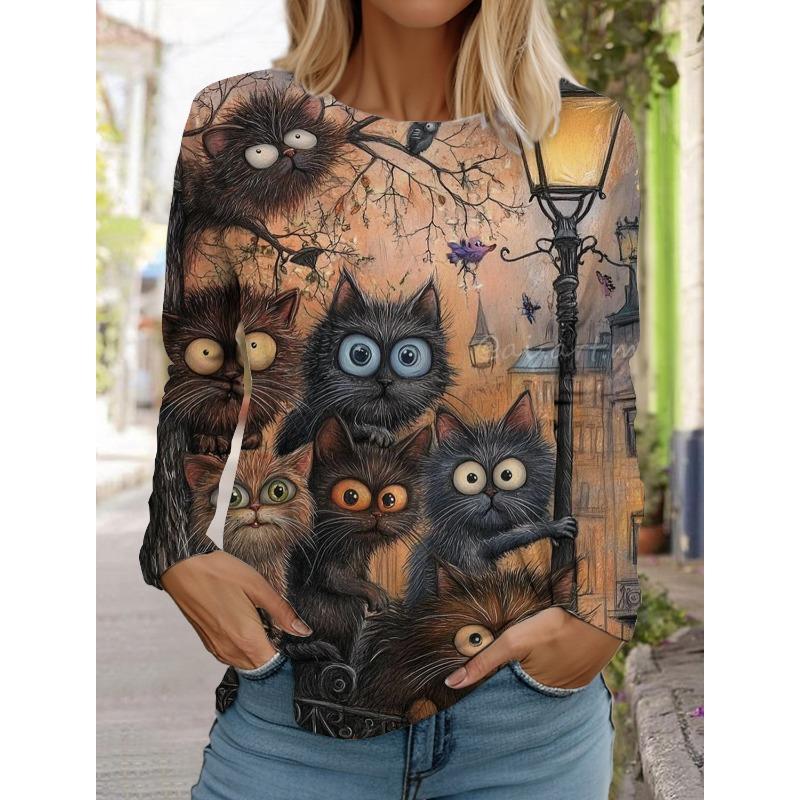 Женская толстовка с круглым вырезом, с длинным рукавом, модная, повседневная, с милым рисунком котенка и животных, с принтом топов
