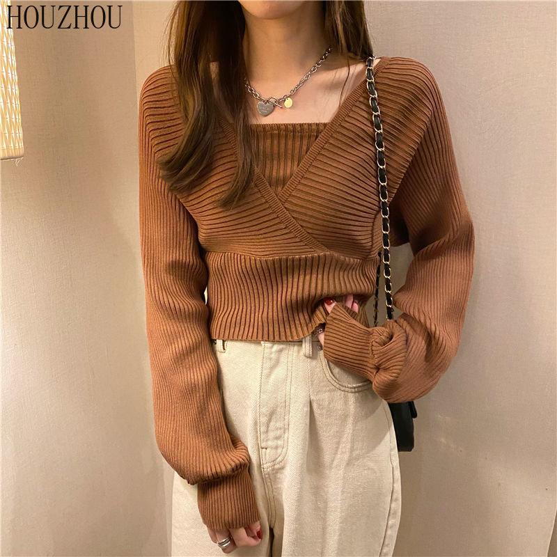 Дизайнерский вязаный свитер, весна-осень, рубашка с квадратным воротником, модный универсальный короткий свитер, топ с объемными рукавами